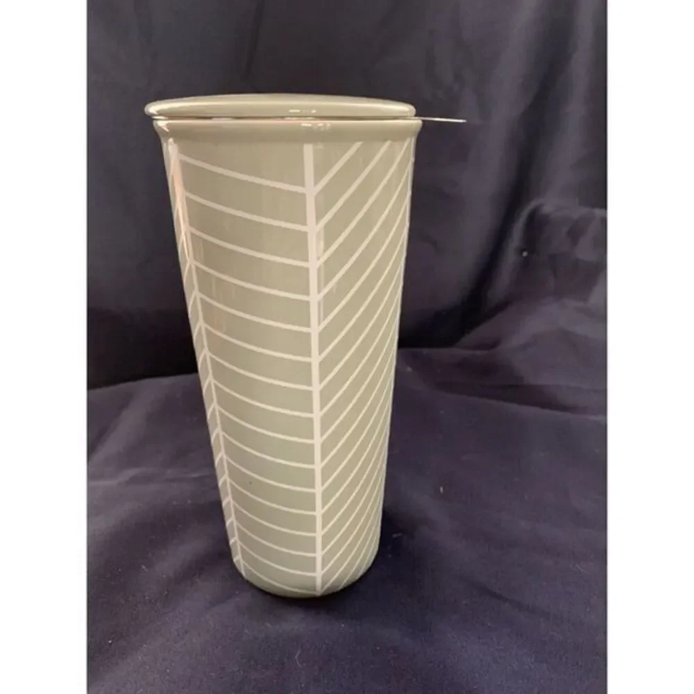 Ceramic Gray Chevron Tumbler W Stainless Steel‎ Tea Infuser 7.5